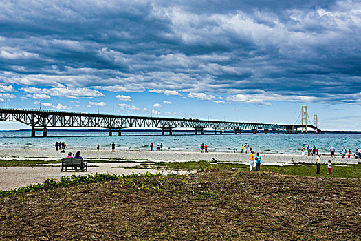 海滩,桥,岸边,两个,大湖区,密歇根,休伦湖,美国