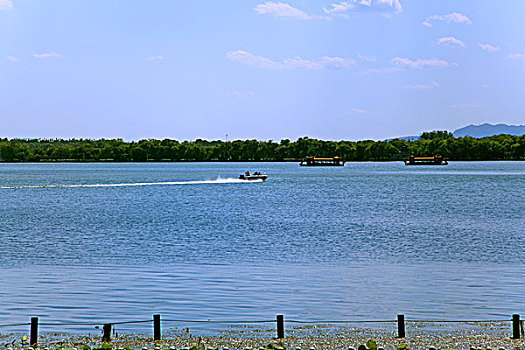 昆明湖上的快艇和游船