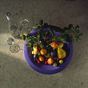 紫色,碗,水果,叶子