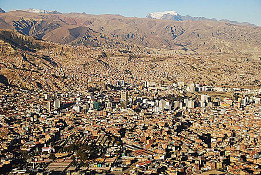 玻利维亚,俯视,首都,风景,悬崖,厄尔奥尔托,拥挤,城市,红色,橙色,砖墙,屋顶,建造,脚,壮观,山,多年生植物,雪