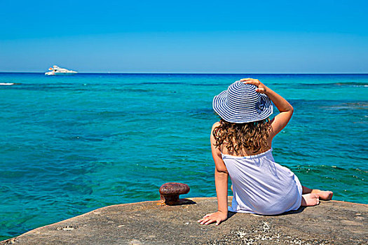 女孩,看,海滩,福门特拉岛,青绿色,地中海,背景