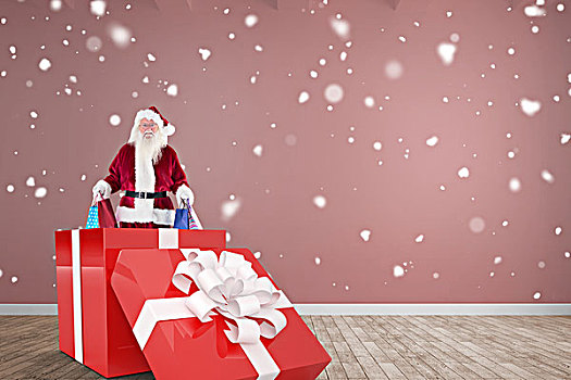 合成效果,图像,圣诞老人,站立,大,礼物,房间,木地板