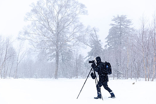 摄影师冬天雪地拍摄自然景观