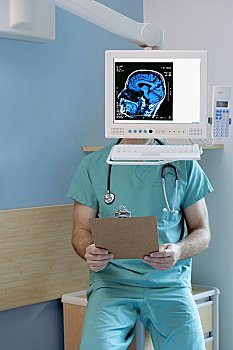 核磁共振扫描,大脑,电脑屏幕,外科,坐,后面,信息技术