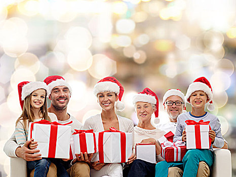 家庭,高兴,休假,人,概念,幸福之家,圣诞老人,帽子,礼盒,坐,沙发,上方,背景