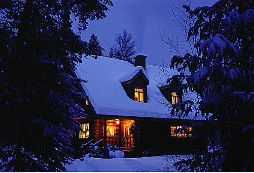 小屋,冬天,夜晚,湖,道路,不列颠哥伦比亚省,加拿大