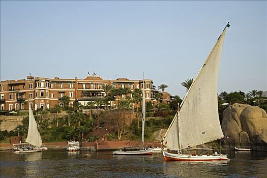 三桅小帆船,帆,正面,豪华,大瀑布饭店,阿斯旺,埃及
