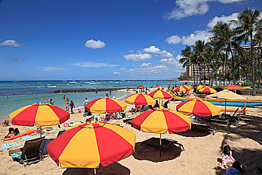 夏威夷,瓦胡岛,怀基基海滩,海滩,伞,人