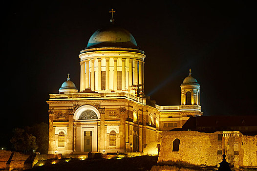 新古典主义,埃斯泰尔戈姆,大教堂,夜晚,匈牙利,欧洲