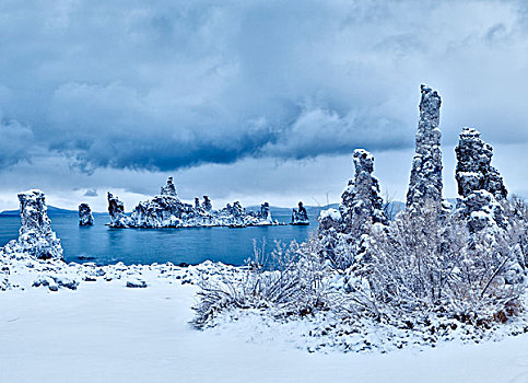 美国,加利福尼亚,莫诺湖,南,石灰华,区域,黎明,清新,下雪