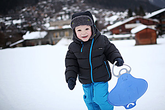法国,3岁,男孩,雪撬,山,冬天