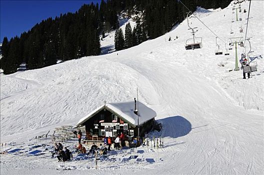 山区木屋,滑雪道,靠近,空中缆椅,山,巴伐利亚阿尔卑斯山,巴伐利亚,德国,欧洲