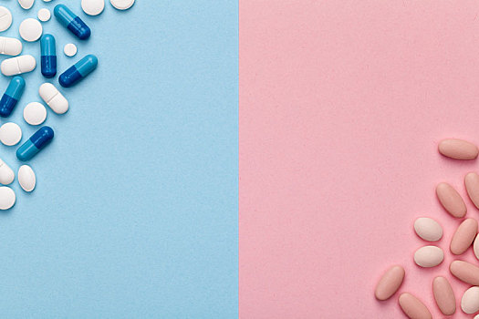 医疗,药丸,男人,女人,蓝色背景,粉色背景