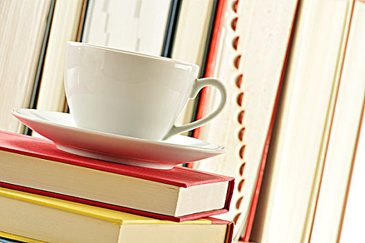 构图,一堆,书本,咖啡杯