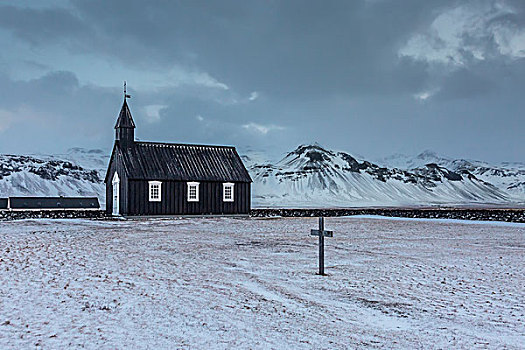 教堂,墓地,雪,遥远,山景,斯奈山半岛,冰岛