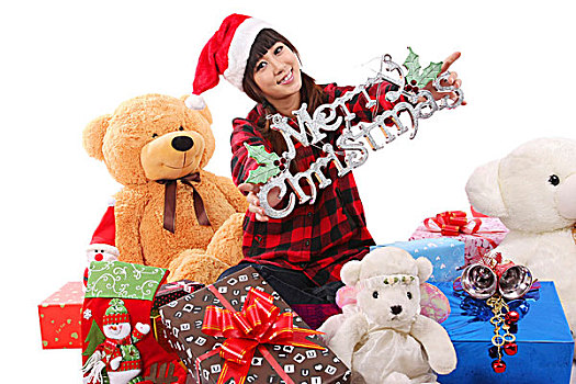 年轻,亚洲女性,坐,圣诞礼物,文字,圣诞快乐,中国,亚洲