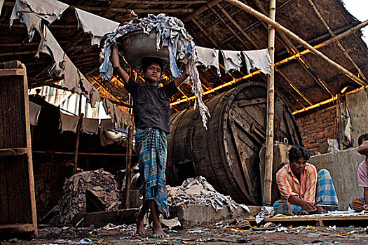 孩子,劳工,皮革,制革厂,区域,达卡,城市,原料,胶,工厂,孟加拉,十二月,2007年
