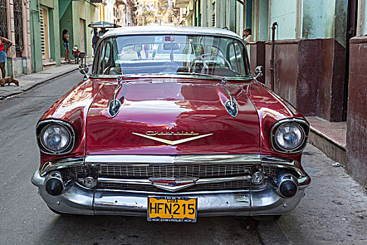 古巴,哈瓦那,经典,雪佛兰,停放,城市街道