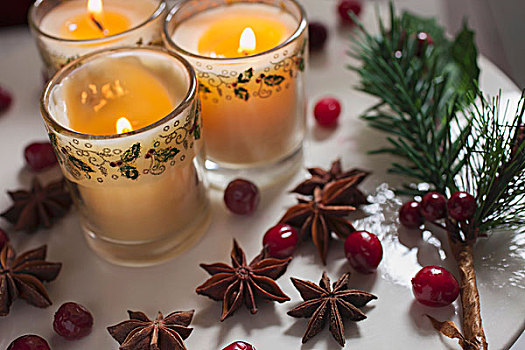 三个,蜡烛,玻璃,装饰,圣诞节,越桔,大料