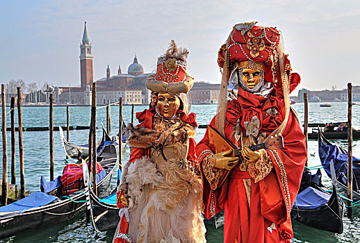 掩饰,情侣,威尼斯,面具,泻湖,后面,岛屿,圣乔治奥,狂欢,意大利,欧洲