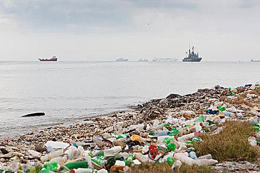 垃圾,海滩,地震,许多,大,船,室外,海洋,太子港,海地