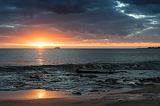 日落,海滩,兰索罗特岛,加纳利群岛,西班牙,欧洲