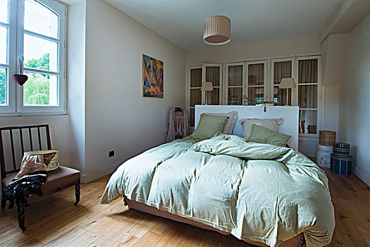 双人床,柠檬,绿色,床上用品,合适,衣柜,格子,门,简单,卧室