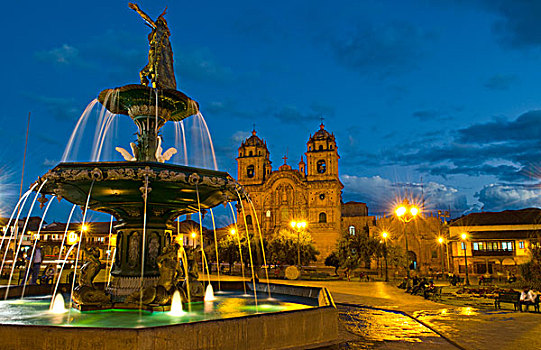 漂亮,彩色,夜晚,展示,喷泉,大广场,中心,库斯科,库斯科市,秘鲁,南美