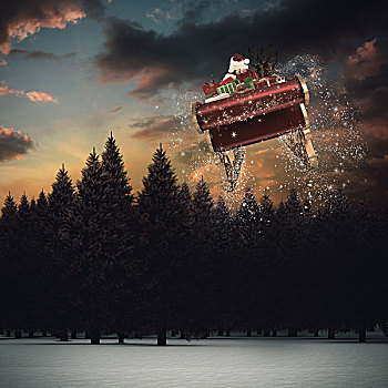 合成效果,图像,圣诞老人,飞,雪撬,冷杉,树林,雪景