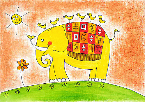 高兴,大象,鸟,绘画,水彩画,纸