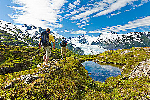 远足者,远足,波蒂奇,冰河,背景,楚加奇国家森林,阿拉斯加,夏天