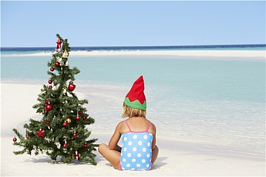 女孩,坐,海滩,圣诞树,帽子