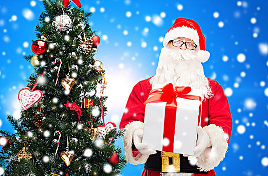 圣诞节,休假,人,概念,男人,服饰,圣诞老人,礼盒,树,上方,蓝色,雪,背景
