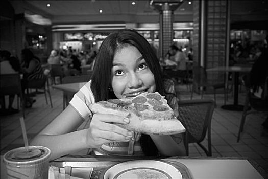 女青年,吃,比萨饼