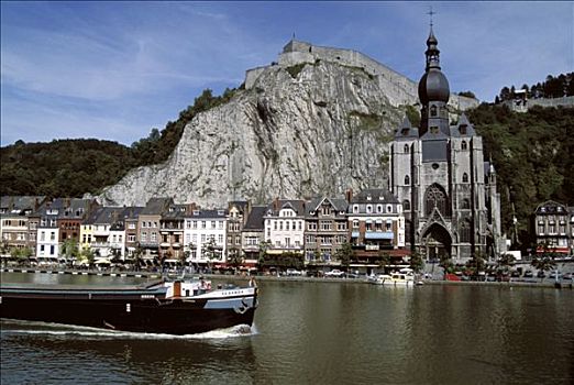 比利时,全景,教区教堂,城堡,驳船,默兹河