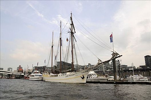 帆船,历史,三个,桅杆,纵帆船,白天,2008年,汉堡市,德国,欧洲