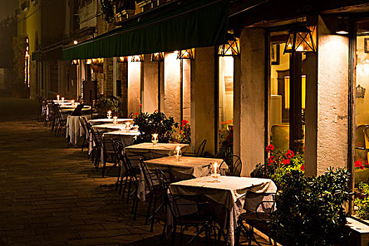 欧洲,意大利,威尼斯,餐馆,桌子,照亮,夜晚