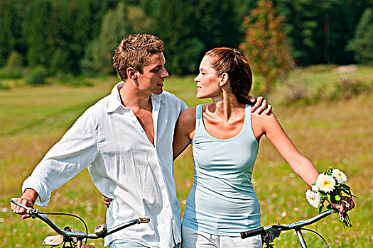 浪漫,年轻,情侣,老,自行车,自然,晴天