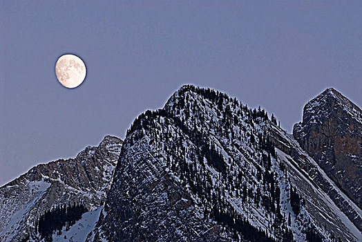 靠近,满月,崎岖,落基山脉,创作,黄昏,艾伯塔省,加拿大