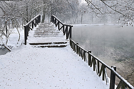 小,木桥,上方,寒冷,河,早,冬天