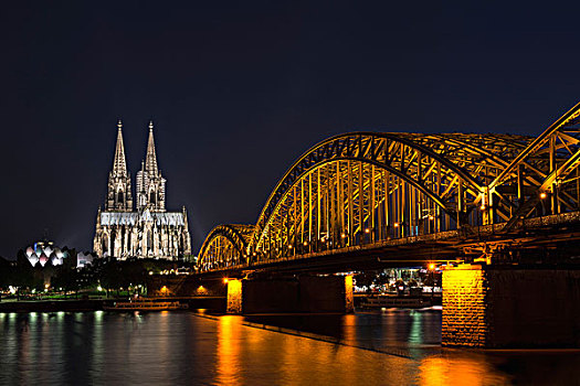 风景,科隆,大教堂,桥,夜晚,北莱茵威斯特伐利亚,德国,欧洲