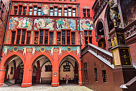 拱道,壁画,华丽,楼梯,巴塞尔,市政厅,瑞士
