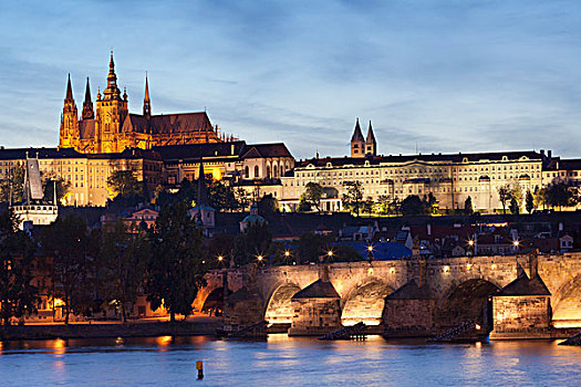 风景,上方,伏尔塔瓦河,查理大桥,拉德肯尼,城堡区,大教堂,布拉格,波希米亚,捷克共和国,欧洲