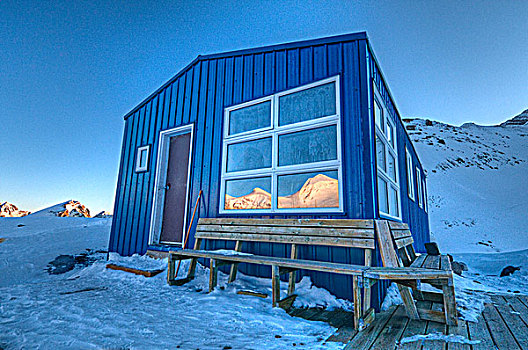 小屋,一个,高山,加拿大,山,做糕点,反射,窗户,黎明,班芙国家公园,艾伯塔省