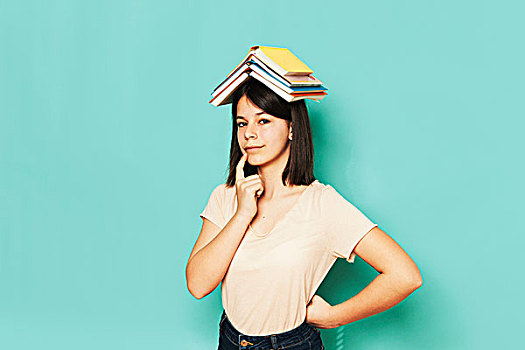 女孩,头像,平衡性,书本,青绿色背景