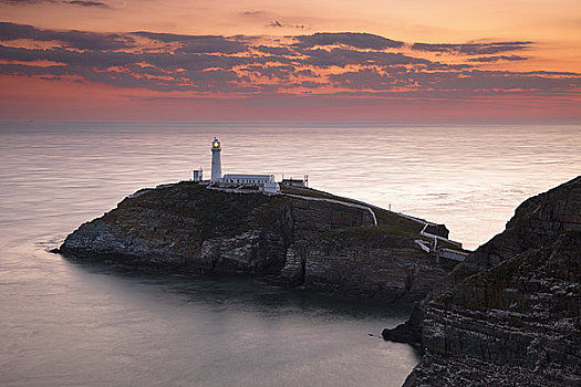 威尔士,安格尔西岛,南,一堆,壮观,灯塔,神圣,岛屿,西北地区,海岸,日落