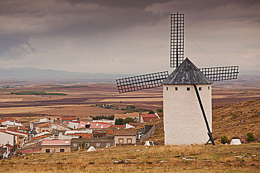 西班牙,区域,雷阿尔城省,拉曼查,老式,风车