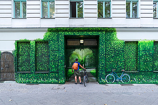 自行车快递,正面,锁住,门,公寓楼,涂鸦,柏林,德国,欧洲