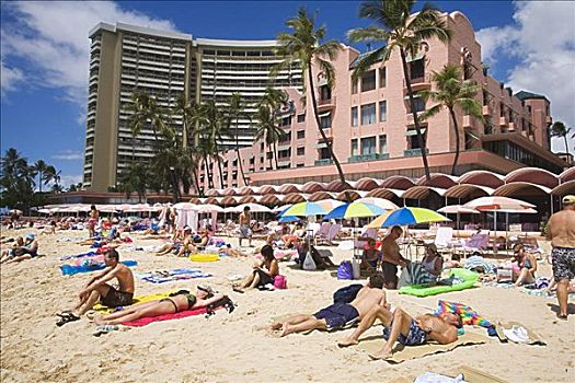 夏威夷,瓦胡岛,怀基基海滩,游客,海滩,正面,皇家,酒店