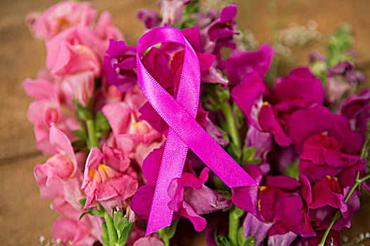 特写,粉色,乳腺癌,意识,带,花,上方,桌子